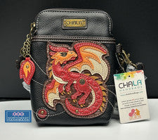 BOLSO BANDOLERA BOLSO NEGRO CHALA PARA TELÉFONO CELULAR MITOLOGÍA DRAGÓN ROJO NEGRO