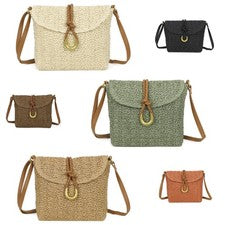Bolso Bandolera de Hombro de Paja para Mujer Hecho a Mano Tejido Top Solapa Vacaciones Playa Cartera
