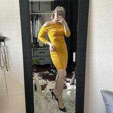 Vestido CBR Amarillo Fuera del Hombro Acanalado Bodycon Hasta la Rodilla Mujer S
