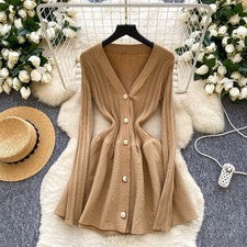 Vestido de punto con cuello en V para mujer botón cintura adaptado manga larga línea A francés