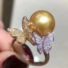 Precioso enorme anillo de perlas redondas doradas naturales genuinas AAAAA 9-10 mm...