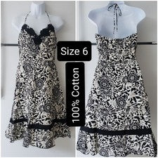 Vestido de verano de moda para mujer 100 % algodón negro/blanco floral sin espalda halter talla 6