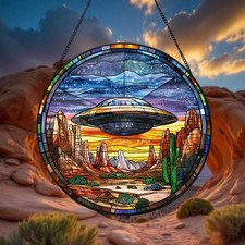Atrapasol de vitral OVNI, colgante de ventana OVNI extraterrestre, arte OVNI decoración del hogar
