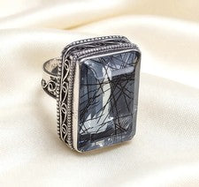 Hermoso anillo de regalo de mujer hecho a mano con piedras preciosas de rutilo azul de plata de ley 925