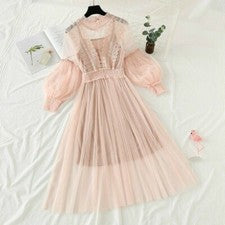 Vestido de encaje para mujer red mangas abullonadas transparente hada tijera talón lolita