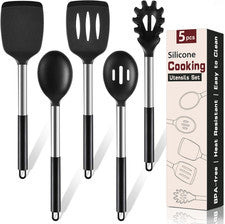 Juego de 5 utensilios de cocina de silicona, cocina resistente al calor incluye sólido y ranurado