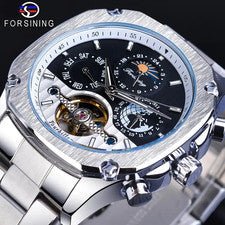 Reloj automático relojes para hombres relojes de pulsera mecánicos plata negro acero inoxidable relojes
