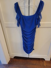 Mujer Azul Rayón Fiesta Verano Abierto Un Hombro Elastizado Ajustado Talla S Solero