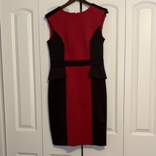 Vestido vaina para mujer rojo negro bloques de color peplum sin mangas hasta la rodilla