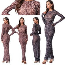Vestido de mujer manga larga ropa de baile vestidos de noche de moda malla ajustada leopardo