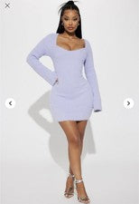 Vestido suéter corto romántico púrpura manga larga cuello en V para mujer talla XL