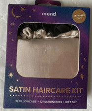 Kit de cuidado del cabello satinado MEND 1 funda de almohada tamaño estándar 2 Schrunchies juego de regalo NUEVO