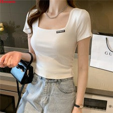 Moda Coreana Mujer Cuello Cuadrado Algodón Sólido Informal Camiseta Top Camiseta Blusa