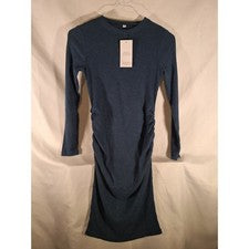Vestido de maternidad ceñido al cuerpo manga larga acanalado tejido tinta azul para mujer