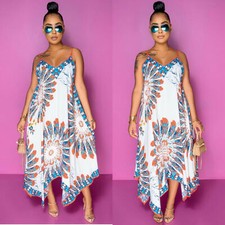 Sexy Hermoso Vestido Midi Para Mujer Estampado de Plumas Hi Lo