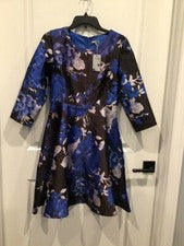 Nuevo con etiquetas Fashion Line Mujer Vestido Negro Medio Azul y Plata Flores Manga 3/4 *