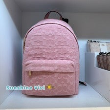 Mochila Coach CER70 Taylor Signature Denim y Cuero Liso Dorado Rosa Claro Nueva con Etiquetas