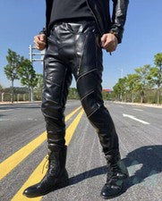 Moda Pantalones ajustados de imitación cuero sintético para hombre Cremallera Pantalones de motero punk rock
