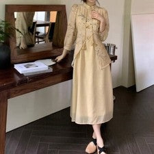 Vestido Cheongsam de mujer traje tang chino falso dos flores manga 3/4