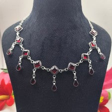 Collar Joyería Plata de Ley 925 Hecho a Mano Piedras Preciosas Granate Rojo Tamaño-17-18"