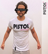 Pistol Boutique Hombre Blanco Enrollado Cuello Redondo Manga Logo Pecho Moda