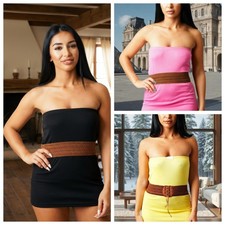 Vestido ceñido al cuerpo tejido de lycra negro, rosa y amarillo con hombros descubiertos para mujer