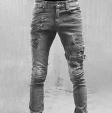 Nuevos Pantalones de mezclilla elásticos estilo callejero informales rasgados calce ajustado, para hombre