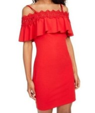 Vestido By & By rojo elástico fuera del hombro mini con volantes para mujer talla 15
