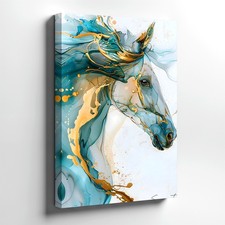 Arte de Pared Abstracto Cabeza de Caballo Impresión Azul Dorado Pintura Fluida Moderna Decoración del Hogar