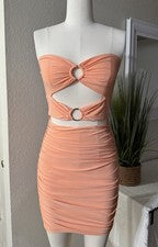 Sexy Mini Vestido Moda Boutique Para Mujer TRESSER Melocotón Sin Tirantes Acanalado Recorte