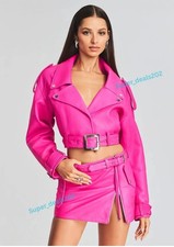 Conjunto informal mini vestido de cuero rosa de piel de cordero con cinturón ropa de club nocturno conjunto de fiesta