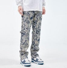 Pantalones de mezclilla florales de algodón para hombre Pantalones de pierna recta Hip Hop Punk Pantalones Moda