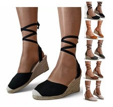 Sandalias de cuña alpargata para mujer con cordones al tobillo atado punta cerrada zapatos tallas 3-8
