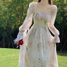 Mujer Elegante Vestido Cuello Cuadrado Mangas Largas Ajustado Moda Estampado Floral Gasa