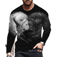 Camiseta Hombre Manga Larga Negro Blance León Impresión Aptitud Física Tee