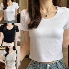 Verano Mujer Manga Corta Camisetas Monocromáticas Basic Crop Tops para Moda
