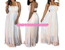 EE. UU. Mujer Fuera del Hombro Sexy Boho Halter Línea A Fiesta Playa Gasa Vestido B