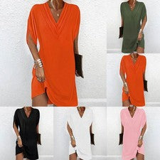 Vestido para mujer en capas color liso cuello en V media manga falda corta suelta