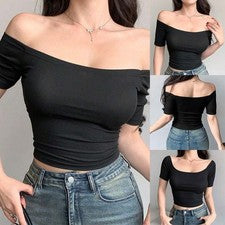 Moda Mujer Manga Corta Sin Hombros Camisetas Perfectas para Verano Refinados