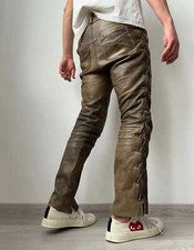 Pantalón de Cuero Estilo Vaquero Occidental Nativo Americano Marrón Cuero Pantalón Cordones Laterales