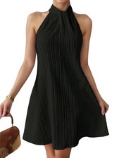 Vestido sin mangas, sin mangas A-- con ribete de cuentas, cuello halter y plegable6376