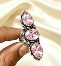 Anillo hecho a mano de plata de ley 925 con piedras preciosas de kuncita rosa todos los tamaños
