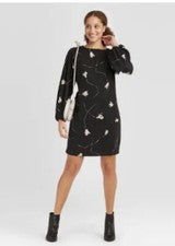 NUEVO CON ETIQUETAS A New Day Vestido Para Mujer Estampado Floral Manga Larga Negro Talla Pequeña