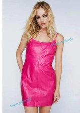 Mini vestido rosa de piel de cordero con correa de cuero para fiesta ropa de club nocturno ceñido al cuerpo conjunto rop