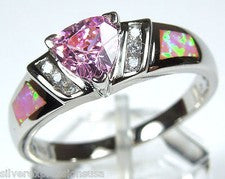 Anillo de plata de ley 925 con incrustaciones de ópalo de fuego rosa y topacio rosa trillón talla 6-9