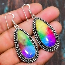 Arco Iris Solar Cuarzo Piedras Preciosas Hecho a Mano Plata de Ley 925 Joyería Pendiente Regalos