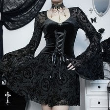 Retro Mujer Terciopelo Oscuro Manga Larga Moda y Elegante Vestido