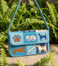 Bolso de Hombro Hecho a Mano con Cuentas Perro Azul Pata de Cachorro Estampado Solapa Baguette