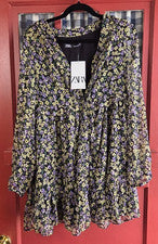 Vestido clásico para mujer Zara negro multicolor floral manga larga talla XS NUEVO CON ETIQUETAS