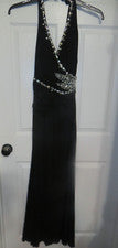 Vestido halter largo de noche negro Angel Fashions para mujer talla pequeña pedrería